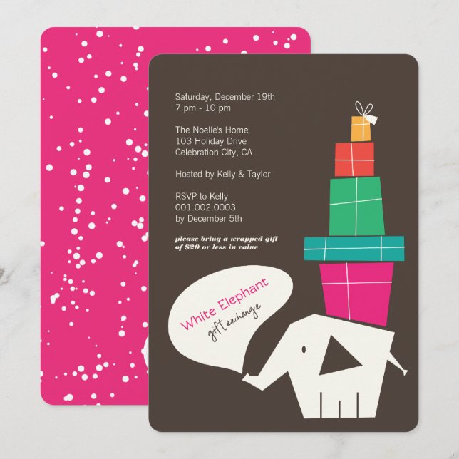 White Elephant Gift Exchange Modern Holiday Party Invitation (Front/Back)