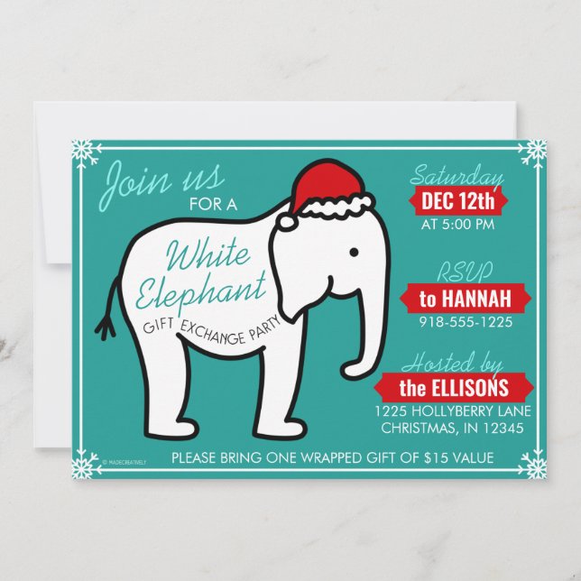 White Elephant Party Christmas (Teal) Invitation (Front)