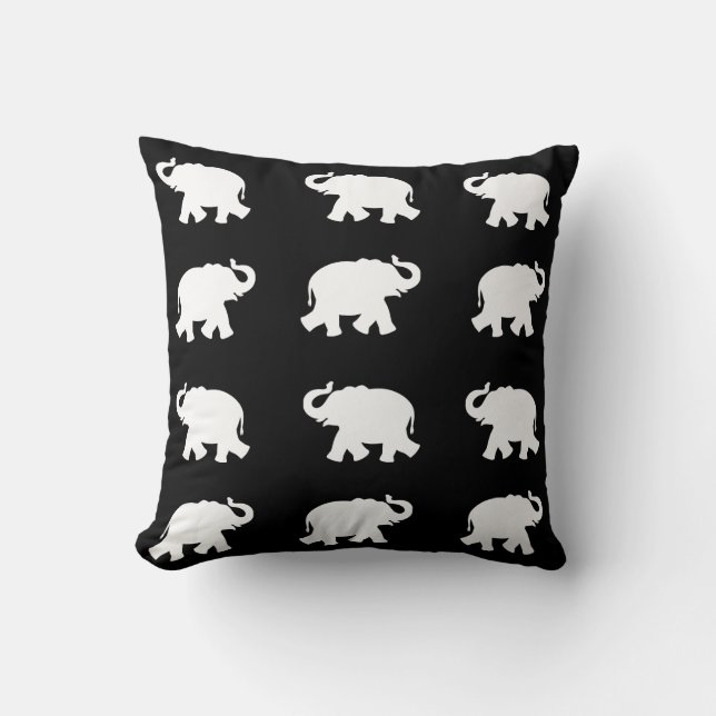 White elephant pattern on black throw pillow (Front)