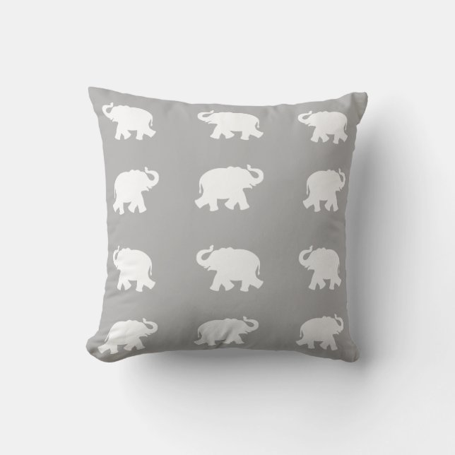 White elephant pattern on light grey throw pillow (Front)