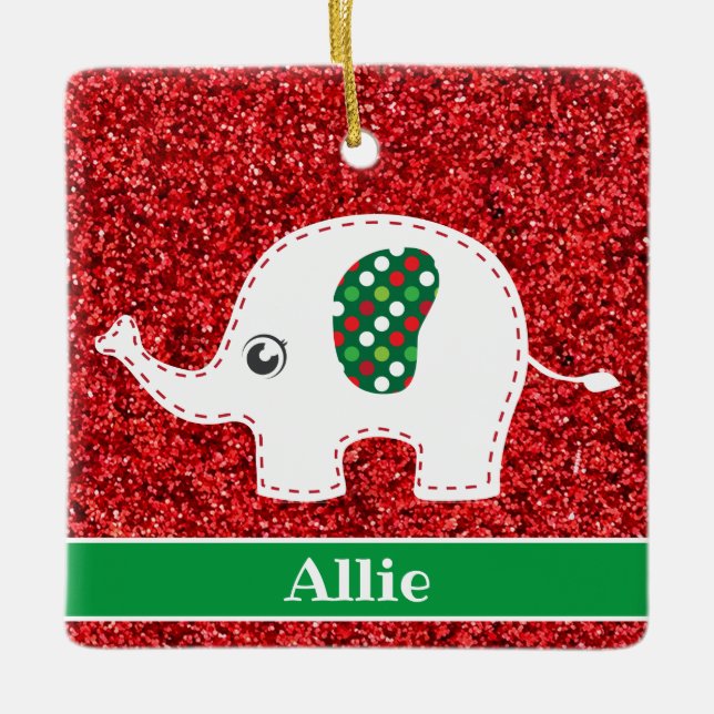 White elephant red glitter ceramic ornament (Front)