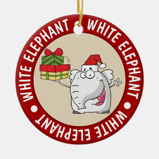 White Elephant Santa Hat Gifts Cartoon Ceramic Ornament (Front)