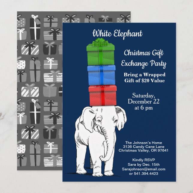 White Elephant Stacked Gift Exchange Party Invitation (Front/Back)
