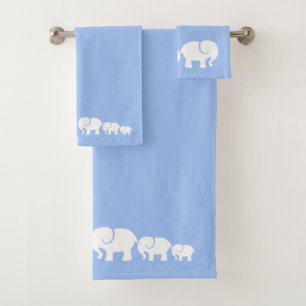 White Elephants Blue Bathroom Towel Set