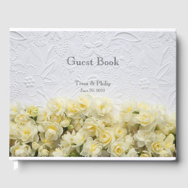 White embossed-look with yellow narcissus guest book (Front)