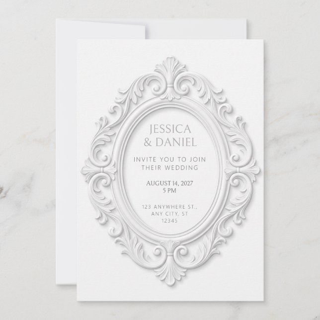 White Embossed Rococo Oval Medallion Frame Invitation (Front)