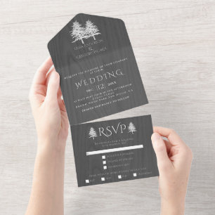 White embossed trees on grey wood winter wedding all in one invitation