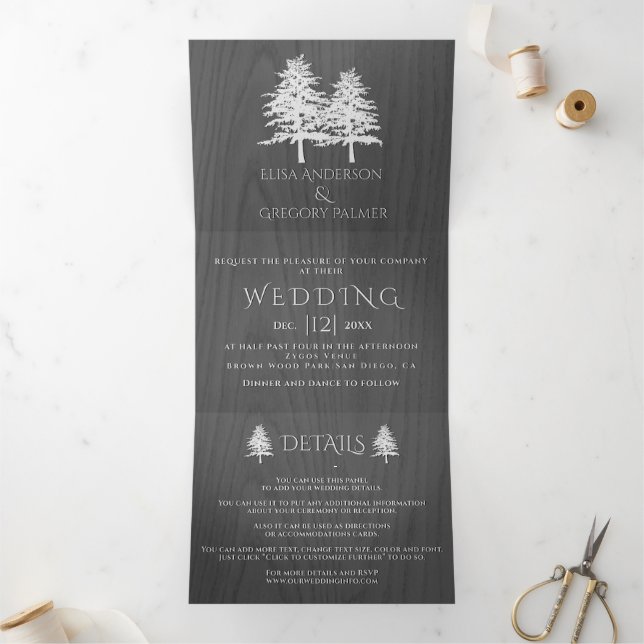White embossed trees on grey wood winter wedding Tri-Fold invitation (Inside)
