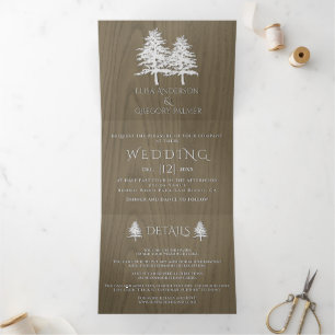 White embossed trees on sepia wood winter wedding Tri-Fold invitation