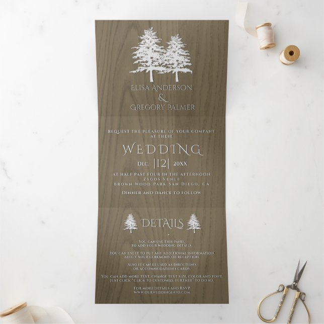 White embossed trees on sepia wood winter wedding Tri-Fold invitation (Inside)