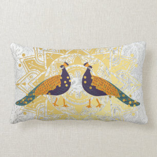 White embroidery with golden peacock Throw Pillow