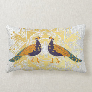 White embroidery with golden peacock Throw Pillow