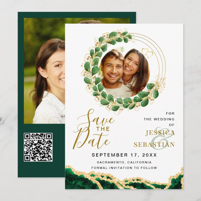 White Emerald Green & Gold Add QR Code Photo Save The Date (Front/Back)