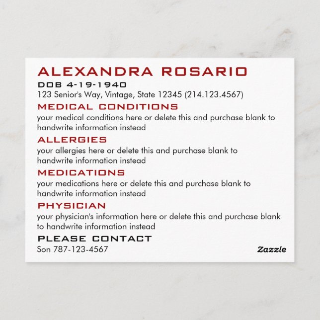 White Emergency Medical Alert Postcard (Back)