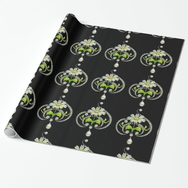 WHITE ENAMEL FLOWER ,PEARLS AND DIAMONDS JEWEL WRAPPING PAPER (Unrolled)