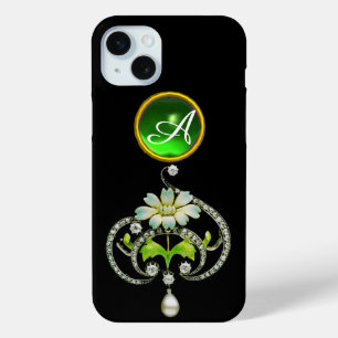 WHITE ENAMEL FLOWER, PEARLS AND DIAMONDS MONOGRAM iPhone 15 MINI CASE