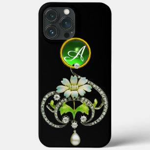 WHITE ENAMEL FLOWER, PEARLS AND DIAMONDS MONOGRAM  iPhone 13 PRO MAX CASE