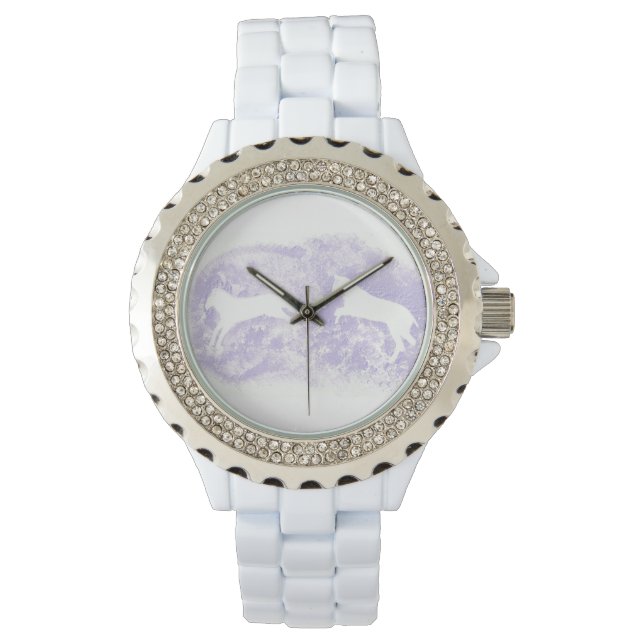 White Enamel Watch with Lavender Horse Art (Front)