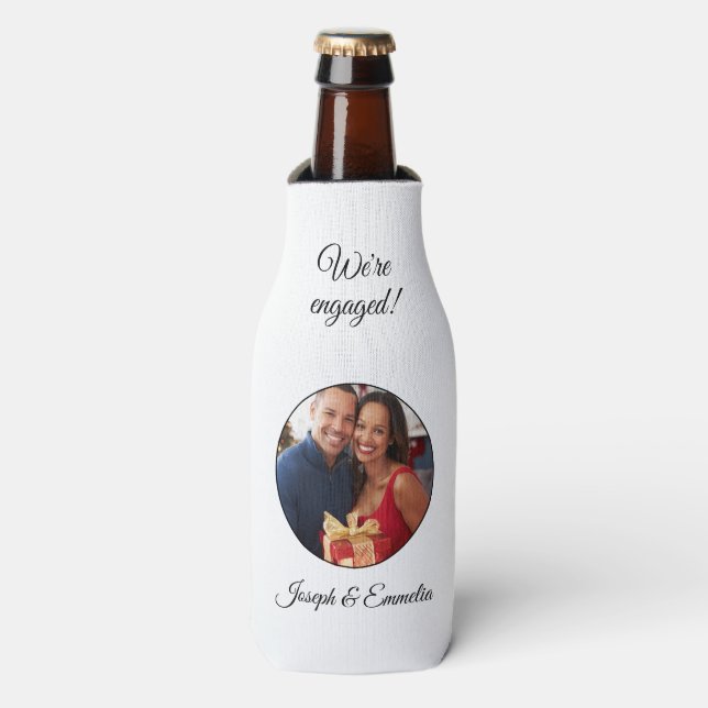 White Engagement Party Photo Bottle Cooler  (Bottle Front)
