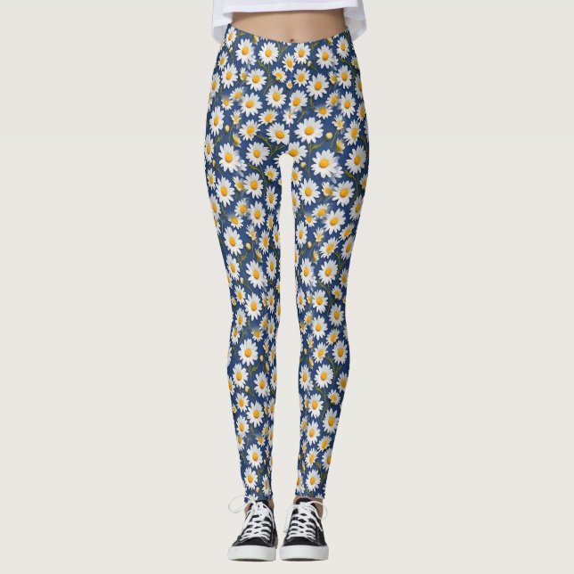 White English Daisies on Blue Leggings (Front)
