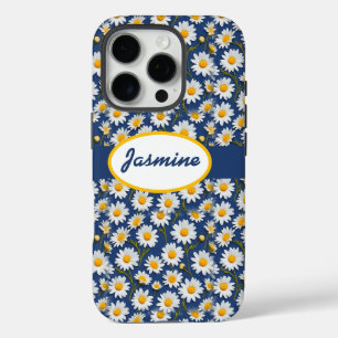 White English Daisies on Dark Blue iPhone 16 Pro Case