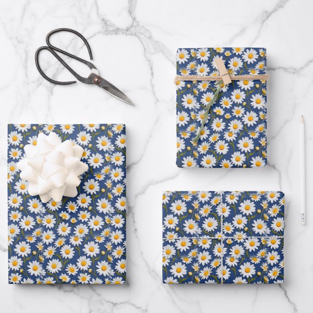 White English Daisies on Dark Blue Wrapping Paper Sheet (Front)