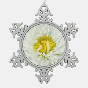 White English Daisy Flower Snowflake Pewter Christmas Ornament
