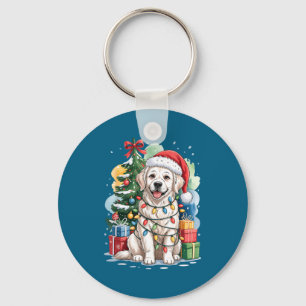 White English Golden Retriever Santa Hat Christmas Keychain