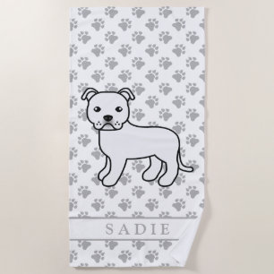White English Staffie Cute Cartoon Dog & Name Beach Towel