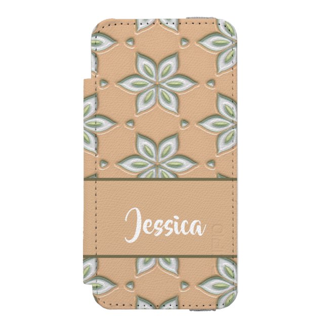 White engraved flowers on tan incipio iPhone wallet case (Folio Front)