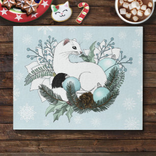 White Ermine Blue Christmas Snowflakes Jigsaw Puzzle