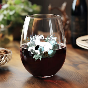 White Ermine Blue Christmas Snowflakes  Stemless Wine Glass