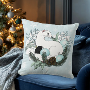 White Ermine Blue Christmas Snowflakes  Throw Pillow