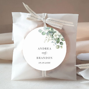 White Eucalyptus Floral Minimalist Elegant Wedding Classic Round Sticker