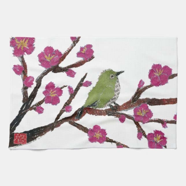 White Eye, Plum Tree, Bird Kitchen Towel (Horizontal)