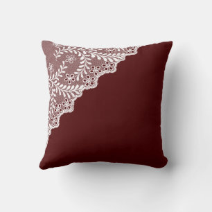White Eyelet Lace Corner Maroon Red Throw Pillow