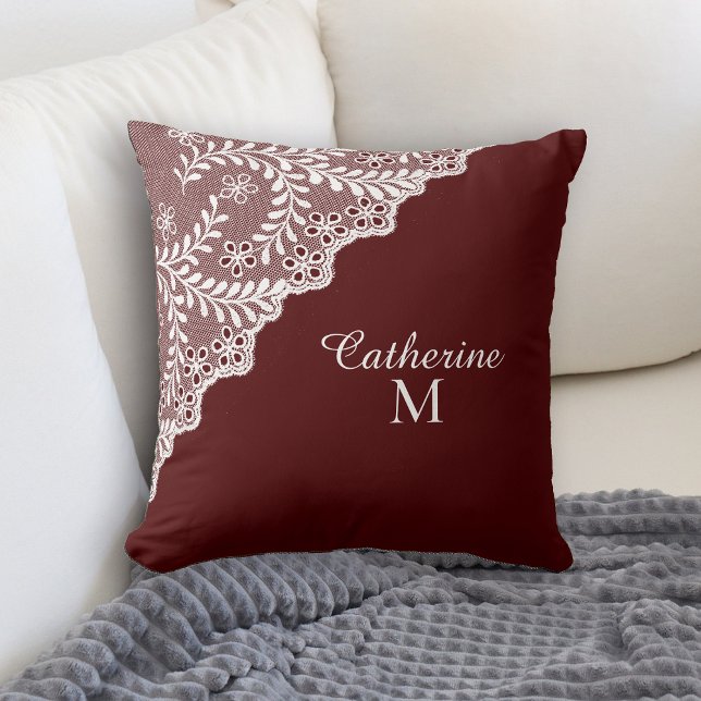 White Eyelet Lace Maroon Red Monogram Throw Pillow (Creator Uploaded)
