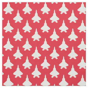 White F-22 Raptor Fighter Jet Pattern on Red Fabric