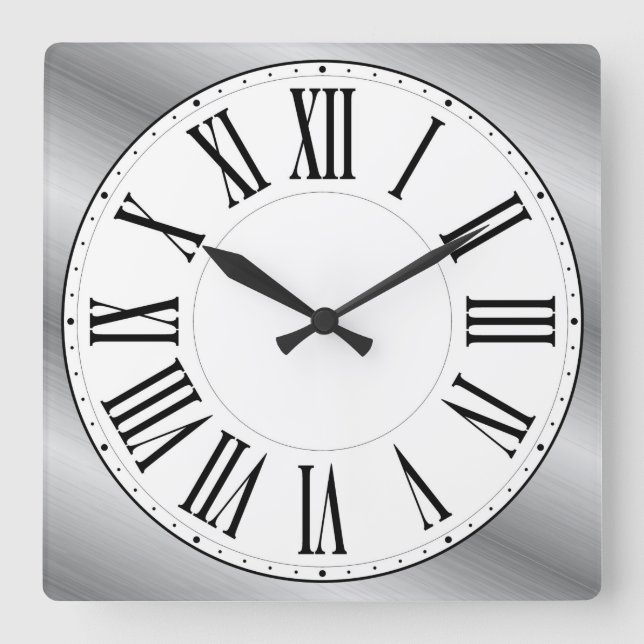 White Face / Metallic Background Roman Numeral Square Wall Clock (Front)