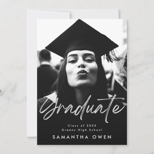 White Fade Brush Graduate Modern Script Photo Announcement (Front)