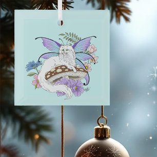 White Fairy Cat Mushroom Glass Ornament
