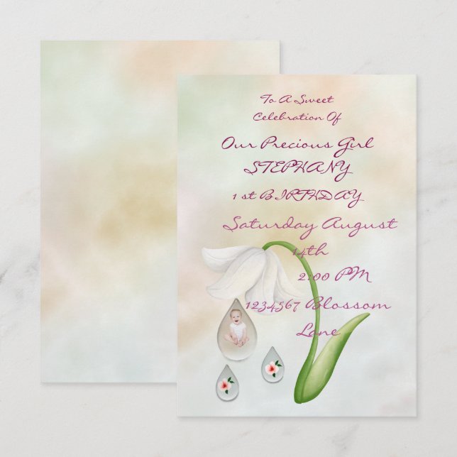 White Fairy droplets 1 st birthday card  (Front/Back)