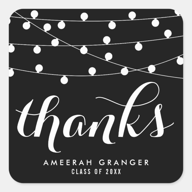 White Fairy Lights | Black Thank You Sticker (Front)
