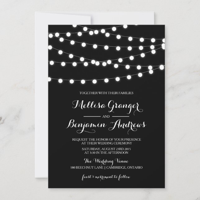 White Fairy Lights | Black Wedding Invitation (Front)