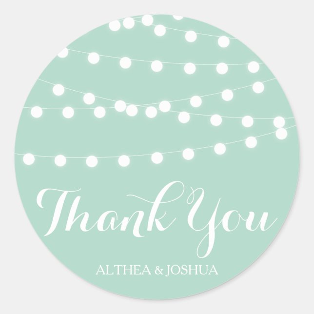 White Fairy Lights | Mint Thank You Stickers (Front)