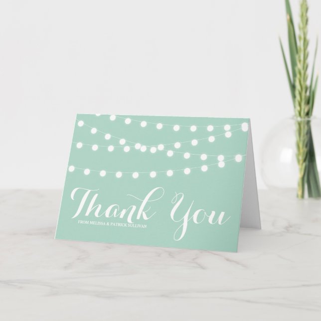 White Fairy Lights | Mint Wedding Thank You Card (Front)