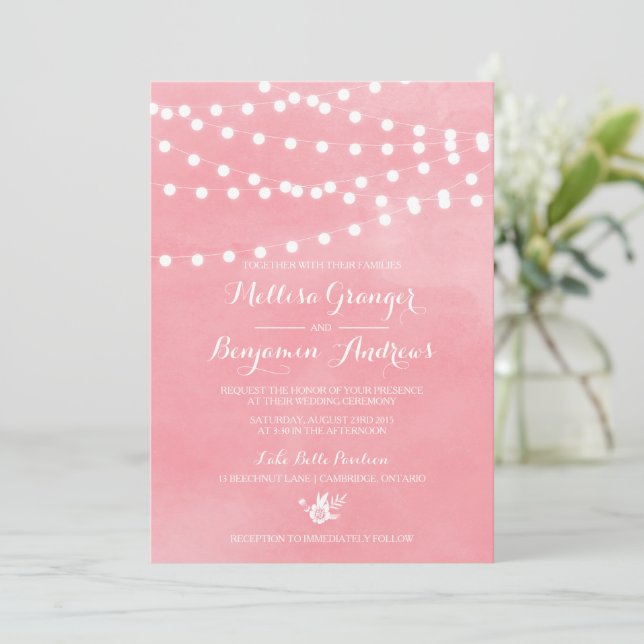 White Fairy Lights Rustic Pink Wedding Invitation (Standing Front)