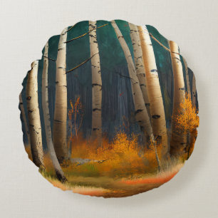 White fall birch trees with autumn leaves  round pillow