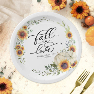 White Fall in Love Pumpkin Sunflower Wedding Paper Plate