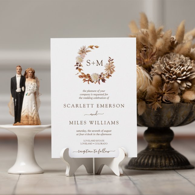 White Fall Terracotta Monogram Wreath Wedding Invitation (Elegant Fall Leaves Wedding Invitation
)